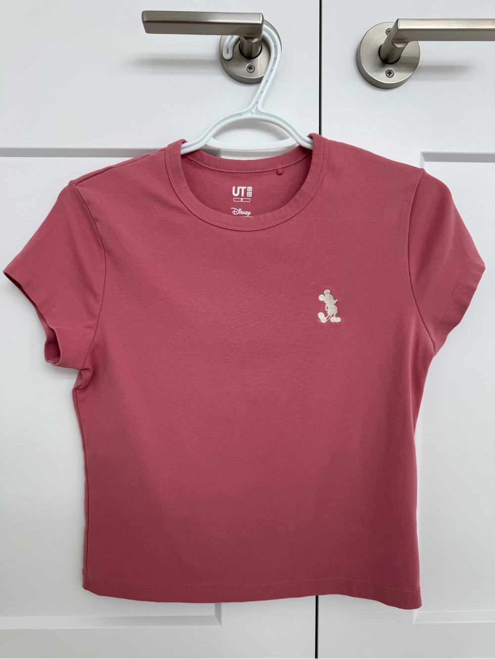 Uniqlo Disney Pink Cropped Tee with Small Mickey Graphic